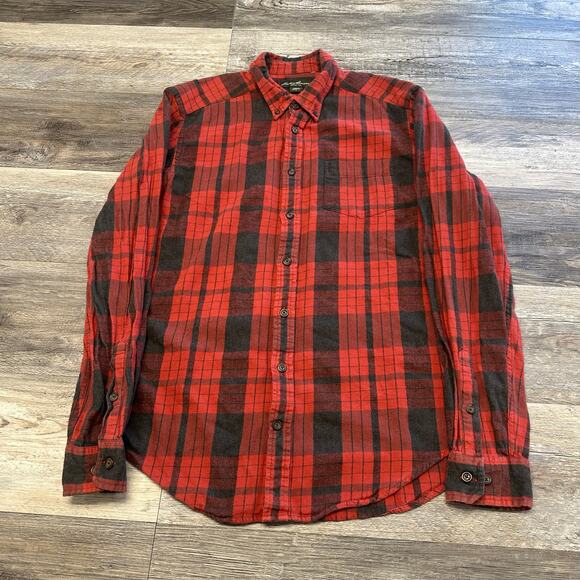 Eddie Bauer Red Black Plaid Mens L Tall Long Sleeve Button Down Flannel‎ Shirt - Picture 1 of 9